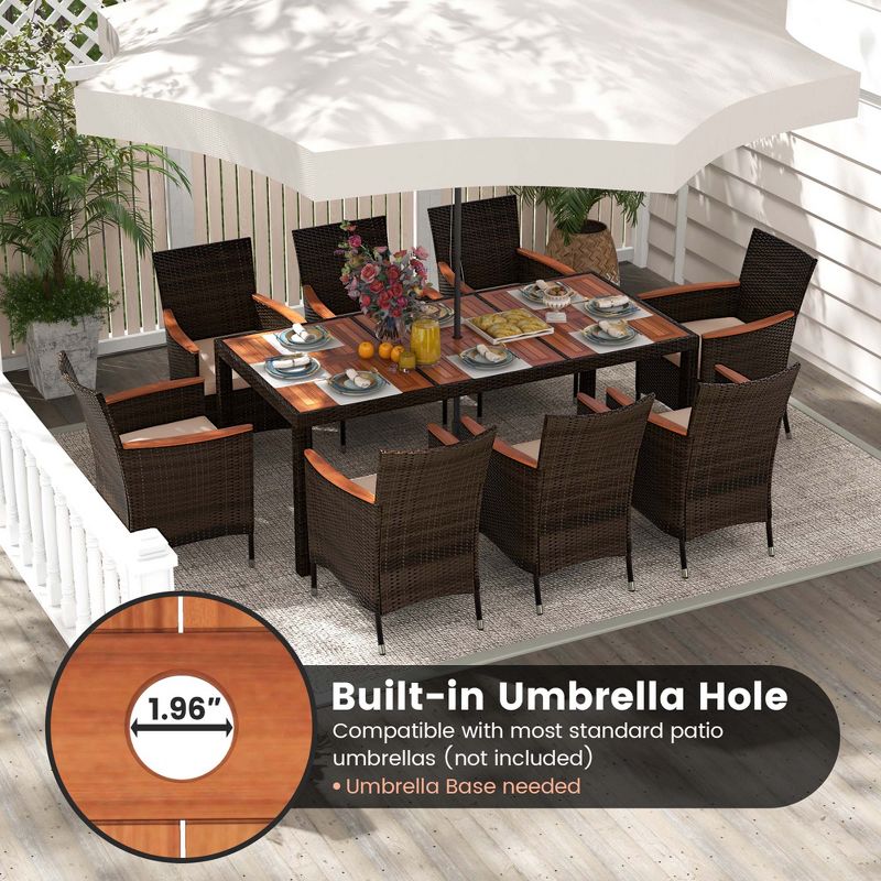 Costway 9PCS Patio Wicker Dining Set Acacia Wood Table Top Umbrella Hole Cushions Chairs, 5 of 11