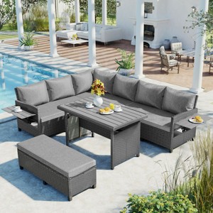 Modern Outdoor Sofa Set, L-Shaped Sofa With Extendable Side Tables, PE Wicker Sofa with Washable Covers and Cushions-Coolbibila - 1 of 4