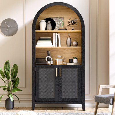 FONTOI Arched Shaped Cabinets, 3-Tier Arch-Top Cabinet with Doors, Arched Bookshelf with Open Display Shelf for Home, Black&Brown, 30.7"*63.2"*15.4"