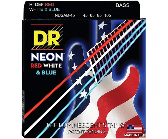 DR Strings Hi-Def NEON Red, White & Blue Electric Lite 4-String Bass Strings (40-100)