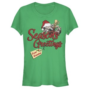 Juniors Womens Marvel Christmas Rocket & Groot Grandma Greetings T-Shirt - 1 of 3