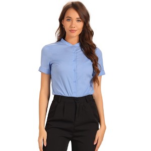 INSPIRE CHIC Women's Stand Collar Short Sleeve Office Work Shirt Button Down Bodysuits - 1 of 4