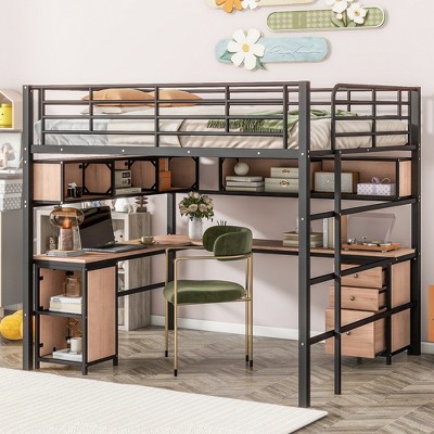 Whisen Industrial Style Metal Loft Bed with Bookcase, Desk and Multiple Storage Areas, Full-length Guardrails