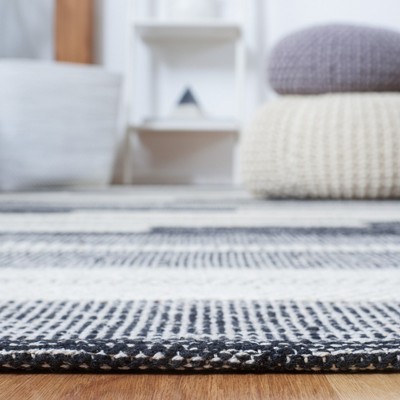 Ivory and Black Striped Wool Cotton Area Rug