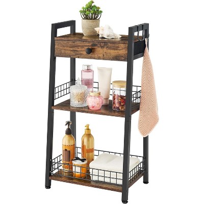 3-Tier Bathroom Ladder Shelf with Drawer, Bathroom Stand Floor Storage Shelf
