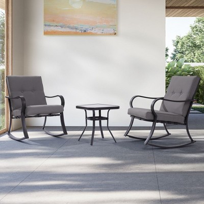 Sonkuki 3-Piece Rocking Chair Patio Bistro Set with Tempered Glass Table