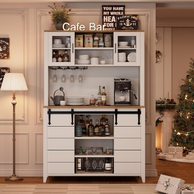 70'' Wine Coffee Bar Cabinet with Storage Hutch, Tall Kitchen Pantry Liquor Cabinet with Sliding Barn Doors for Home Dining Room