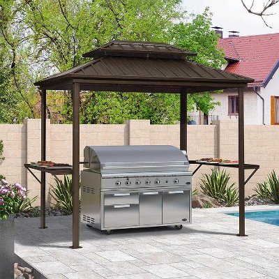PURPLE LEAF Patio Hardtop Brown Grill Gazebo Metal Roof with 2 Side Shelves Deck Yard Tent Aluminum Garden Outside Sun Shade Outdoor BBQ Canopy