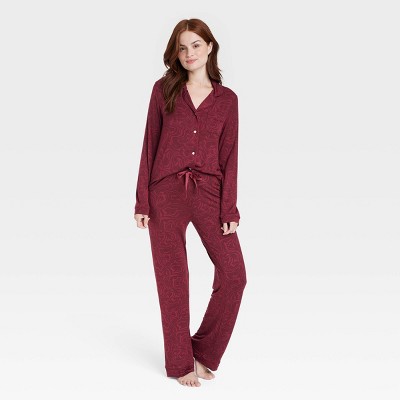 Women's Swirl Print Beautifully Soft Long Sleeve Notch Collar Top and Pants Pajama Set - Stars Above™ Burgundy