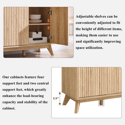 Sincido 60" Buffet Sideboard Cabinet with 4 Doors, Fluted Coffee Bar Table with 3 Drawers, Modern Sideboard for Dining Room, Living Room, Natural Oak — фото 6