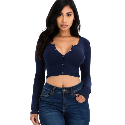 Slickblue Women's Ribbed Long Sleeve Crop Top, Snap Button Front Fitted Tee, 8 Color Options, Size S-L