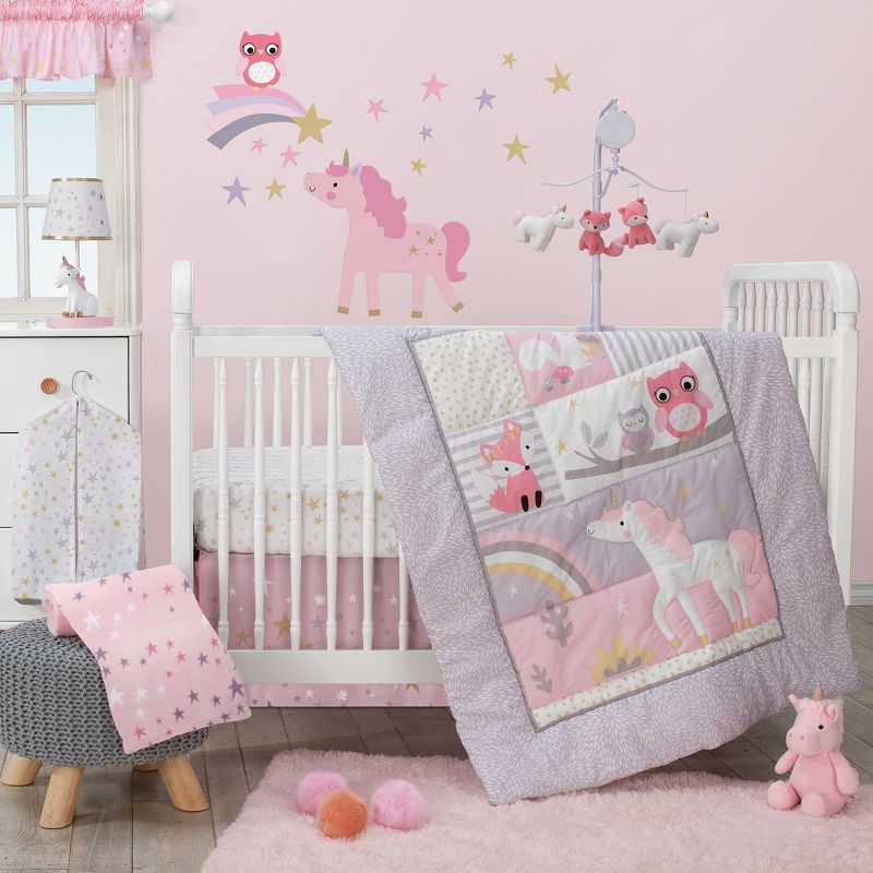Bedtime Originals Rainbow Unicorn Pink/Purple 4-Piece Baby Crib Bedding Set, 1 of 10