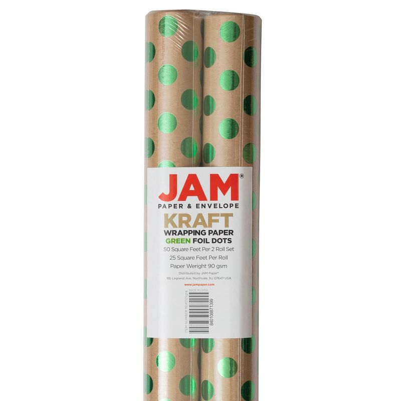 JAM Paper &#38; Envelope 2ct Foil Dotted Gift Wrap Roll Green, 1 of 6