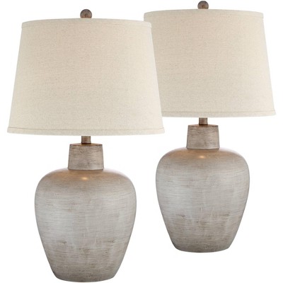 Regency Hill Rustic Country Cottage Table Lamps Set of 2 Southwest Urn Neutral Fabric Drum Shade Living Room Bedroom Nightstand