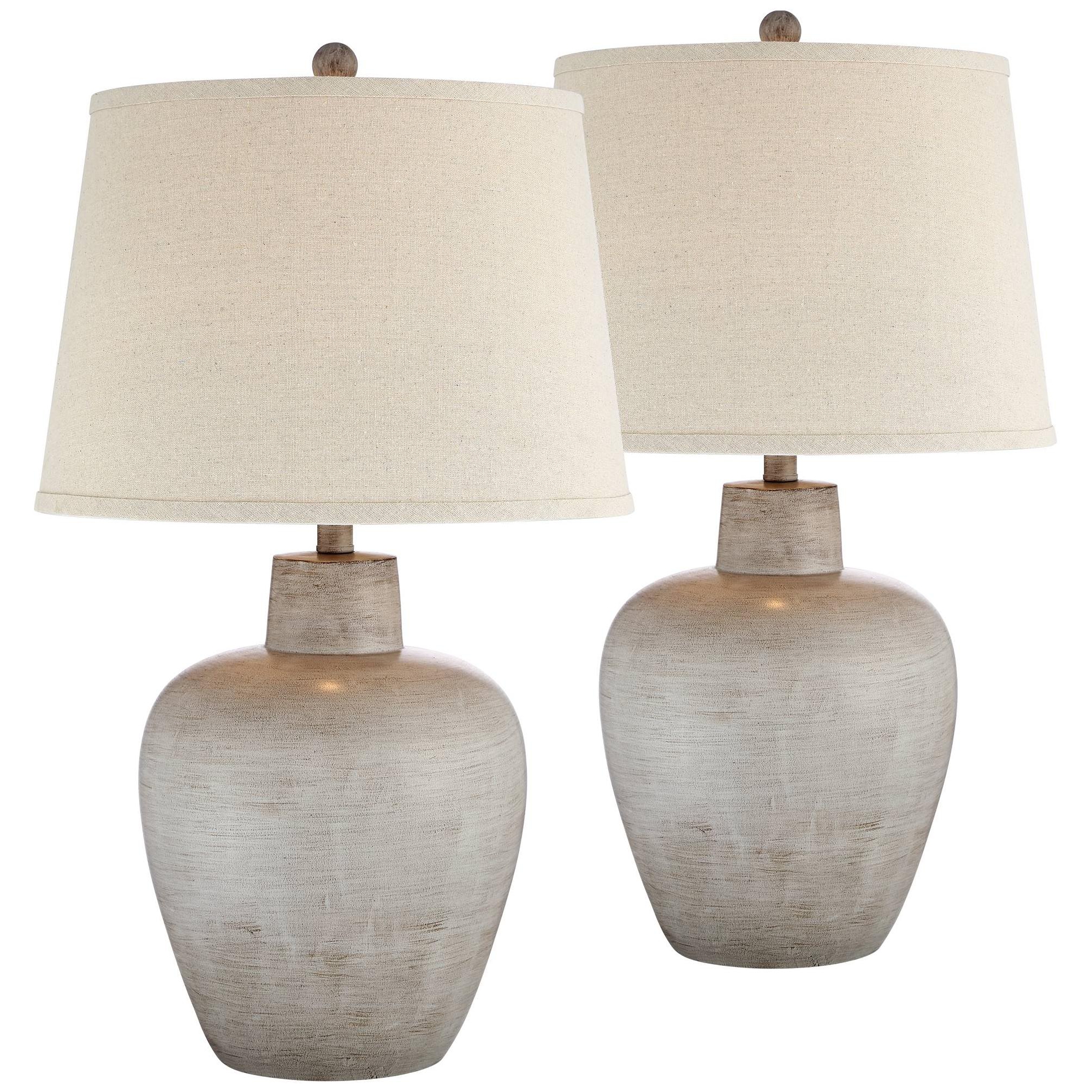 Regency Hill Glenn Rustic Country Cottage Table Lamps 27" Tall Set of 2 Brushed Gray Terra Cotta Beige Fabric Shade for Bedroom Living Room Nightstand