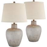 Regency Hill Glenn Rustic Country Cottage Table Lamps 27" Tall Set of 2 Brushed Gray Terra Cotta Beige Fabric Shade for Bedroom Living Room Nightstand