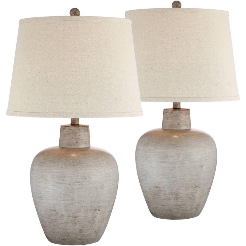 Regency Hill Glenn Rustic Country Cottage Table Lamps 27" Tall Set of 2 Brushed Gray Terra Cotta Beige Fabric Shade for Bedroom Living Room Nightstand, 1 of 13