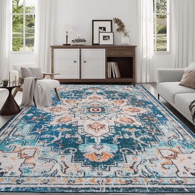 Kumasinova Vintage Boho Area Rug, Washable Rug with Floral Pattern, Faux Cashmere Living Room Rug, Non-Slip Rugs, Stain-Resistant Door Mat