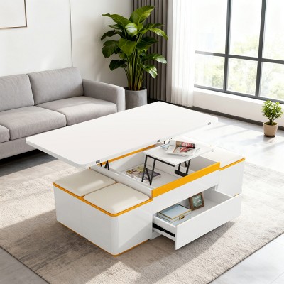 LIVAREEmlen Lift-Top Coffee Table with Storage and Cushions, Multi-Function White Table with Orange Accents