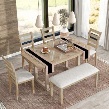 6 PCS Rubber Wood Dining Table Set with Beautiful Wood Grain Veneer Tabletop and Soft Cushion-ModernLuxe