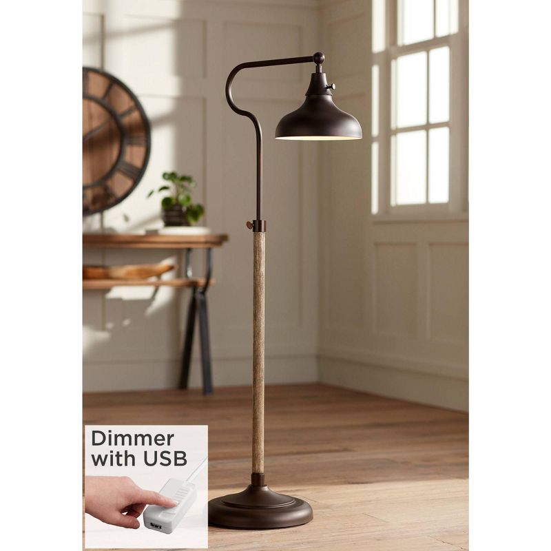 Franklin Iron Works Industrial Rustic Farmhouse Pharmacy Floor Lamp with USB 57" Tall Bronze Faux Wood Grain Adjustable Metal Shade for Living Room, 2 of 10