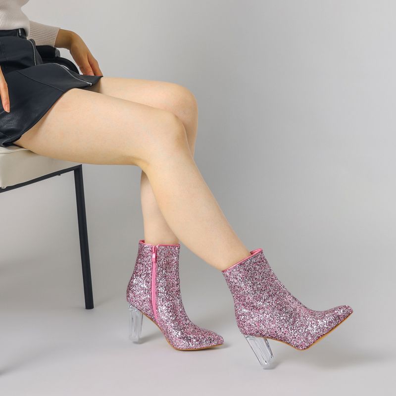 Perphy Women's Sparkly Glitter Upper Side Zipper Clear Block Heels Ankle Booties, 4 of 5