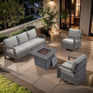 Buenhomino 4 Piece Outdoor Patio Furniture Set with Propane Fire Pit Table, Wicker Patio Conversation Set with 2 Swivel Rocker Chairs - 1 of 4