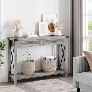 Coolmee Farmhouse Entryway Table with 2 Drawers, Rattan Console Table for Entryway, Wooden Sofa Table for Living Room, Foyer, Hallway - 1 of 4