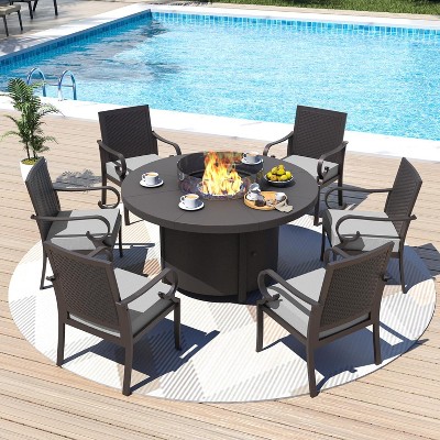 ALAULM 7 Piece Patio Dining Set Outdoor Patio Furniture Set, 6 Woven Rattan Back Fixed Chairs with Thick Cushion and 48" Round Fire Pit Table , Grey