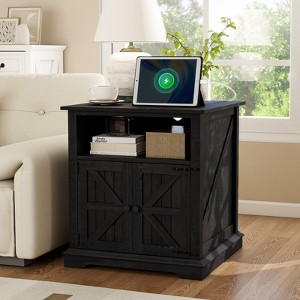 Dyonery End Table with Charging Station, 24 Inch Farmhouse Side Tables Living Room, Wood Rustic Nightstand, Bedside Table for Bedroom, Black - 1 of 4