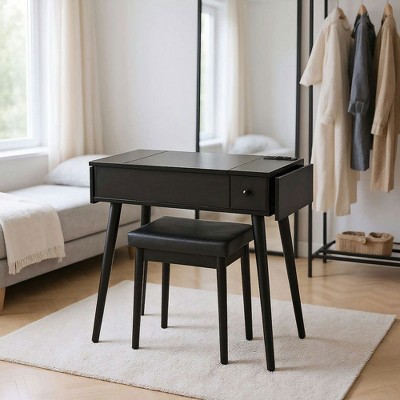 Resenkos 27.9'' Black Makeup Vanity Desk with Flip Top Mirror and LED Light, Dressing Table with Charging Station, 2 Drawers