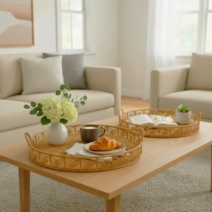 Decorative Bamboo Round Tray for House Decor - Modern Home Decor Accents for Bedroom, Jewelry, or Bathroom Vanity Tray Dish - Set of 2, 4", Brown - 1 of 4