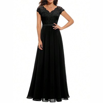 Clotth Women's Lace Evening Dress - Short Sleeve V Neck Dress, High Waist A Line Dress, Elegant Backless Gown