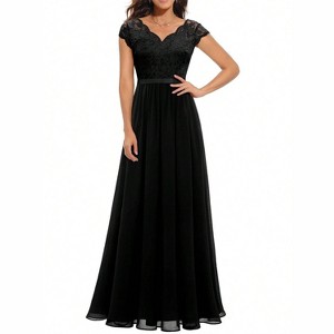 Clotth Women's Lace Evening Dress - Short Sleeve V Neck Dress, High Waist A Line Dress, Elegant Backless Gown - 1 of 4