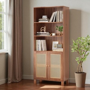 Mshliw 70.9" Tall Bookcase with Rattan Doors, 5-Tier Storage Wood Bookshelf for Living Room, Storage Cabinet for Bedroom, Library, or Home Office - 1 of 4