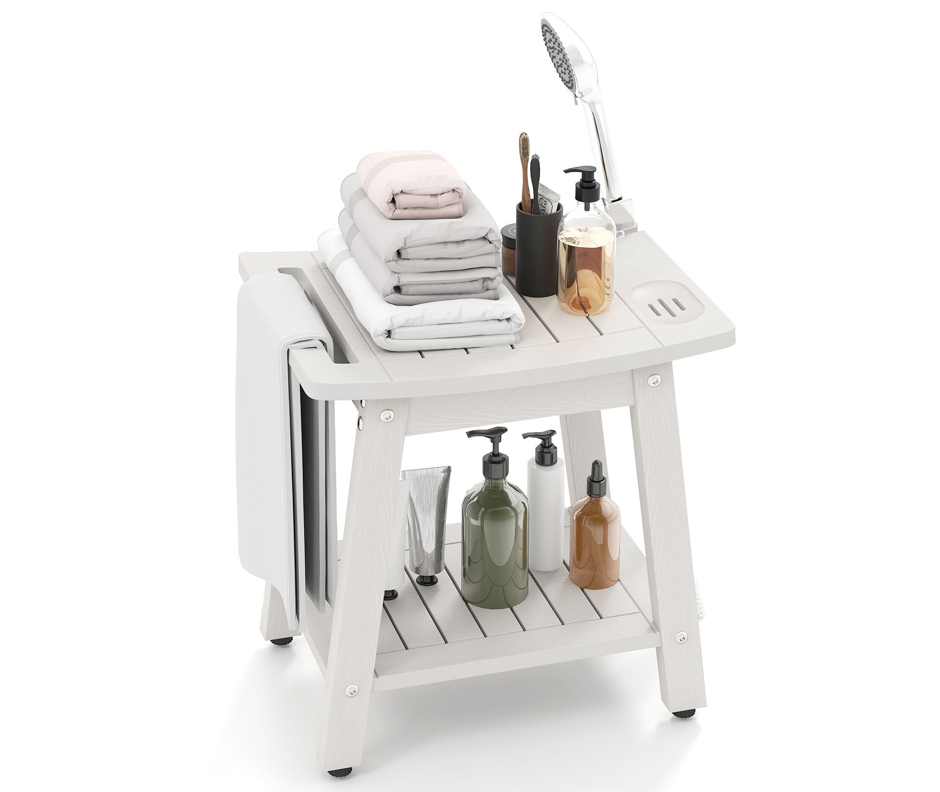 Costway Shower Bench Seat HIPS Shower Stool w/Handle Shower Head & Soap Holder White