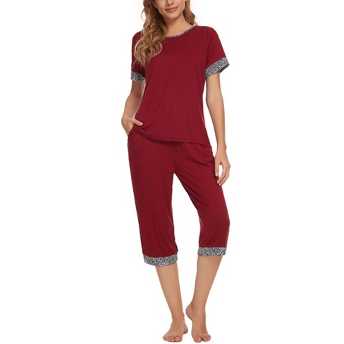 cheibear Womens Round Neck Pajama Set with Capri Pants Casual Lounge  Sleepwear Red Small