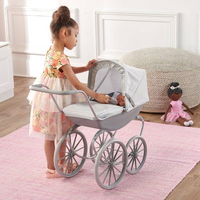 Executive Gray and White Metal Doll Pram with Canopy
