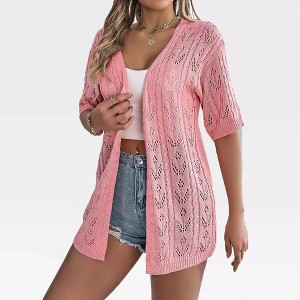 Womens Lightweight Crochet Cardigan Short Sleeve Open Front Cardigan Hollow Out Sweater Knit Cover Ups - 1 of 4