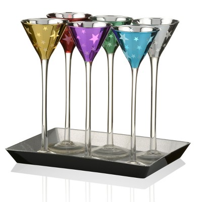 Artland Stars Assorted Color 1.5 Ounce Conical Cordial Glass, Set of 6 with Tray