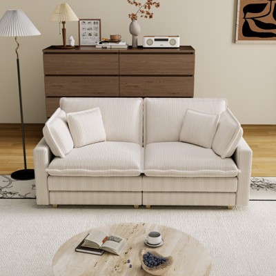 Loveseat/3-seat Sectional Sofa Features a Deep Seat 4 Pillows Corduroy Serpentine Springs Solid Wood Frame Removable Footstool for Living Rooms