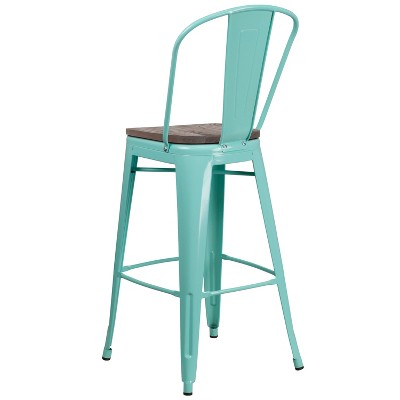 Mint Green Metal Barstool with Walnut Wood Seat