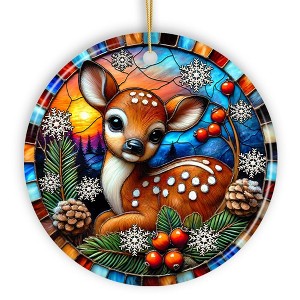 Charming Fawn in Snowy Sunset Ornament, Delightful Woodland Scene for Christmas Decor| OrnamentallyYou - 1 of 4
