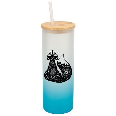 Elanze Designs Sly Stunning Forest Fox Sky Blue Frosted Gradient Glass Tumbler with Bamboo Lid & Straw 25 ounce Reusable Iced Coffee or Water Cup,