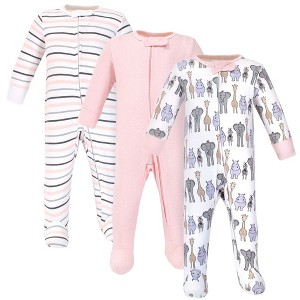 Hudson Baby Infant Girl Cotton Zipper Sleep and Play 3pk, Pink Safari - 1 of 4