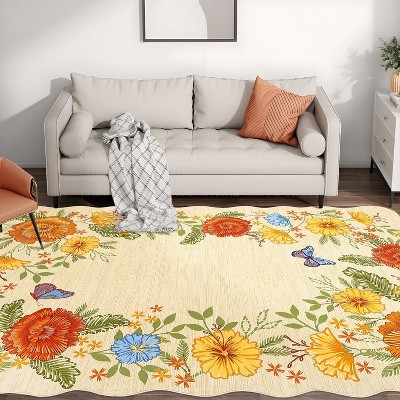 Rug, Machine Washable Non-Slip Floral Accent Carpet for Living Room, Bedroom, Kids Room, Stain-Resistant Easy-Clean Indoor Floor Mat