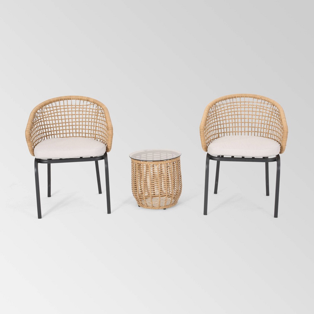 Photos - Garden Furniture Arias 3pc Wicker Chat Set - Light Brown/Beige - Christopher Knight Home