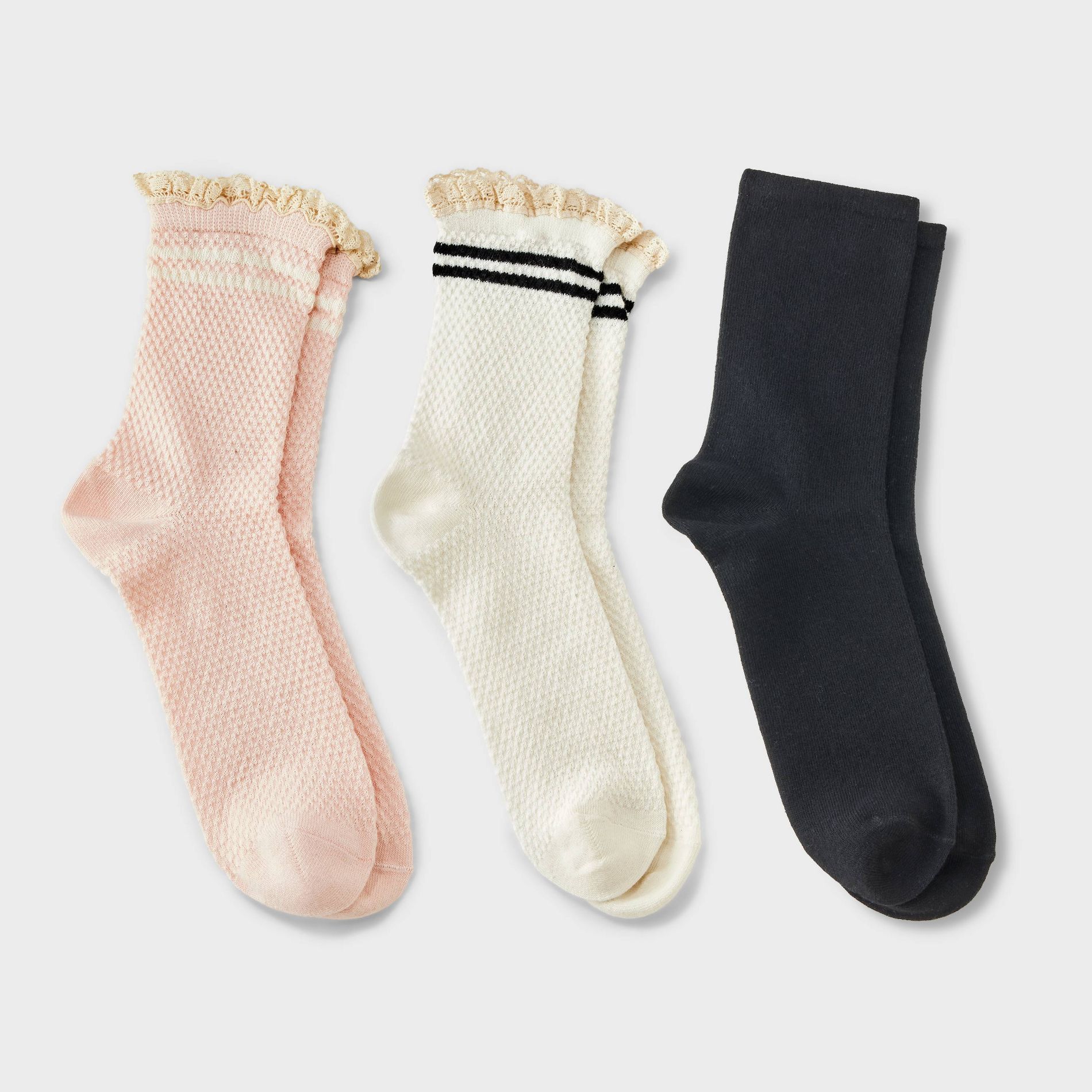 Women's 3pk Reverse Jersey Waffle Mid Crew with Lace Socks - Auden™ - Ivory