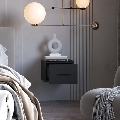 INFURNIC Nightstands Modern Wall-Mounted Floating Nightstand with Drawer and Two-Tier Shelf for Bedroom, Black, 13.8"*13.2"*9.8"