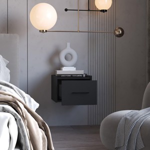 INFURNIC Nightstands Modern Wall-Mounted Floating Nightstand with Drawer and Two-Tier Shelf for Bedroom, Black, 13.8"*13.2"*9.8" - 1 of 4